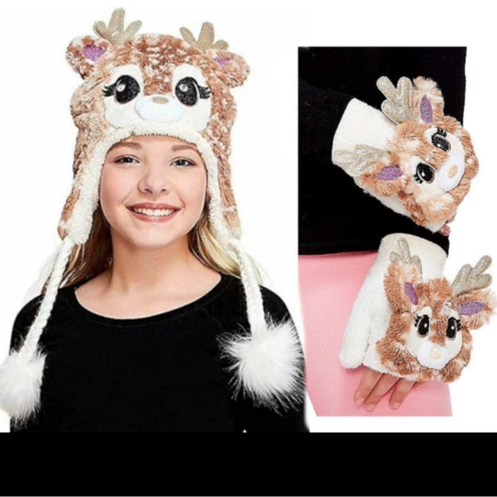 JUSTICE Girl's Deer Earflap Beanie Hat with Matching Gloves Set Cream One Sz EUC